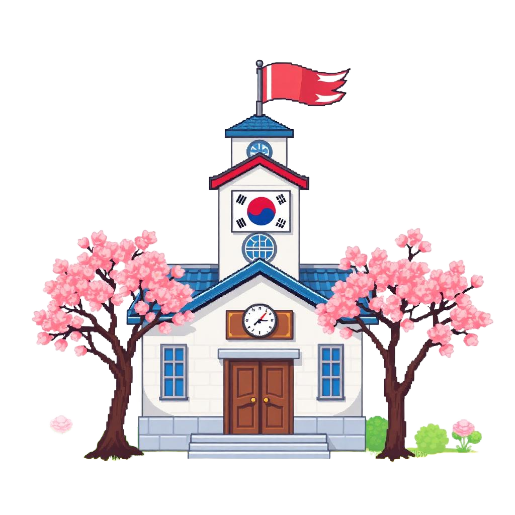 벚꽃이 핀 학교 건물 픽셀 일러스트